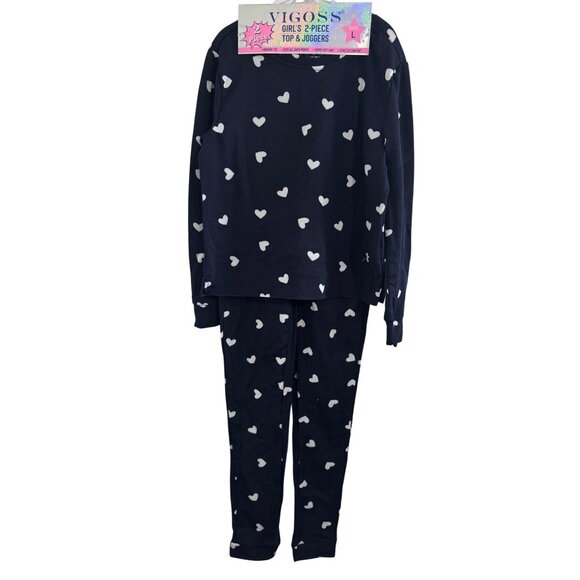 Vigoss Girls 2-Piece Top & Joggers Set Size L Blue Sapphire Heart Print - Picture 1 of 5
